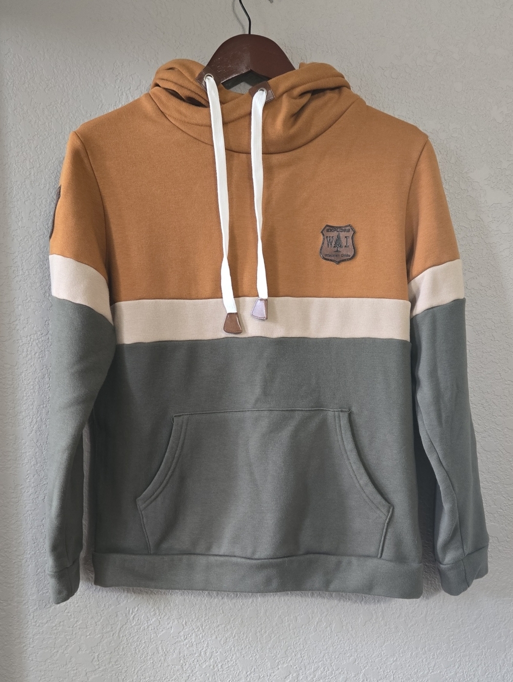 Women's Colorblock Pullover Hoodie - Muatard Yellow, Cream & Olive